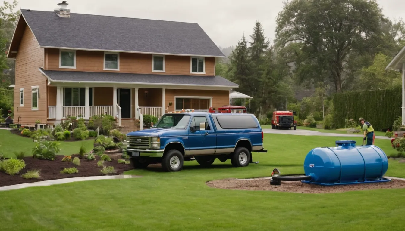 Septic provider's pump truck parked beside a Godfrey home while a friendly homeowner talks with the technician